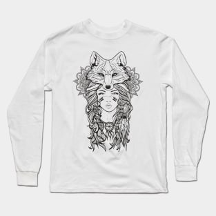 girl and fox ornamental indian design Long Sleeve T-Shirt